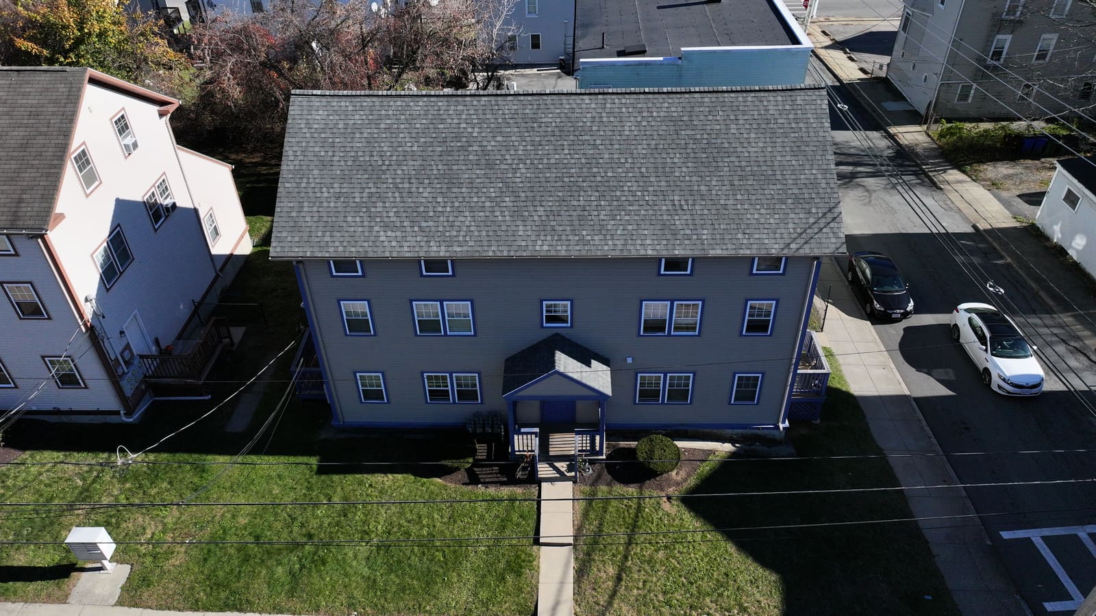Asphalt shingle roof on a house seen from above